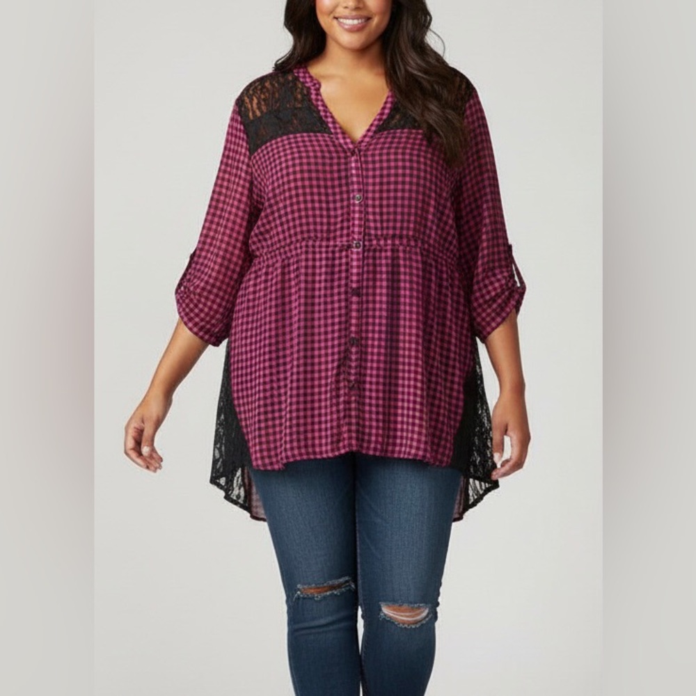 Torrid Womens Size 2X Gingham Plaid Hi-Lo Lace Tunic Black Pink NWOT